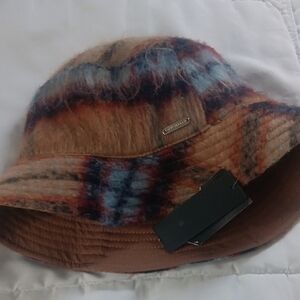 Steve Madden Brown and Blue Plaid Fuzzy Bucket Hat